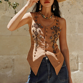 麦叙原创 复古波嬉风重工立体钉珠V领棉麻马甲背心 马泰拉