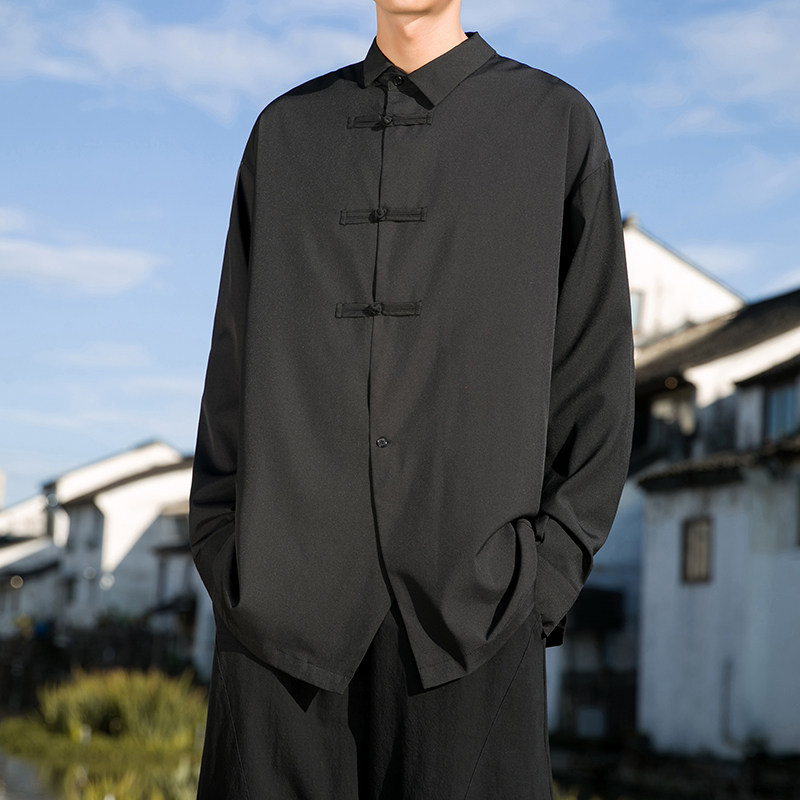 新中式F风暗黑盘扣设计感小众长袖冰丝衬衫t恤男CS07-P65控88,男装T恤,电商A005