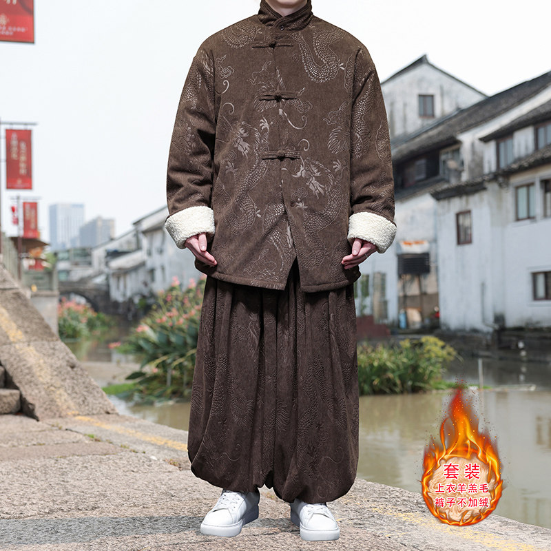 新中式AS龙纹灯芯绒羊羔毛夹克棉衣服保暖套装男TZ131-P203控228,男装夹克,电商A005