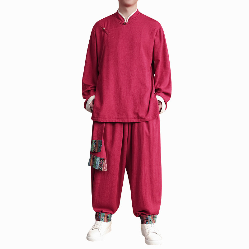 风K斜襟盘扣亚麻棉麻衬衫夹克大裤裆裤套装男TZ151-P173控198,男装衬衫,电商A005