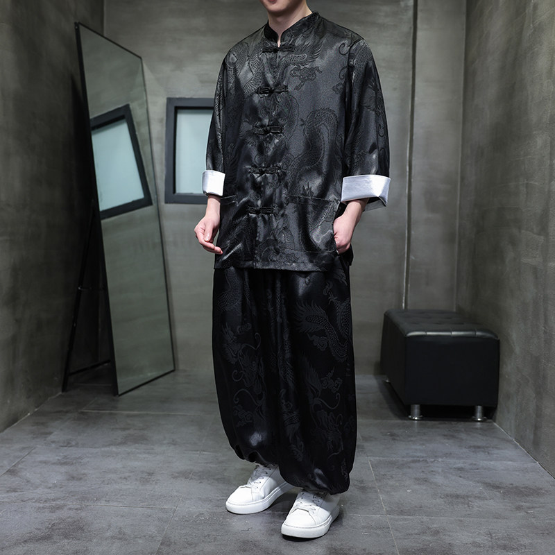 风E盘扣暗花龙纹冰丝衬衫萝卜裤套装男TZ159-P120控148,男装衬衫,电商A005