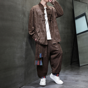 樹葉暗花G燈芯絨襯衫夾克民族舞蹈束腳褲套裝男TZ120-P136控158圖片