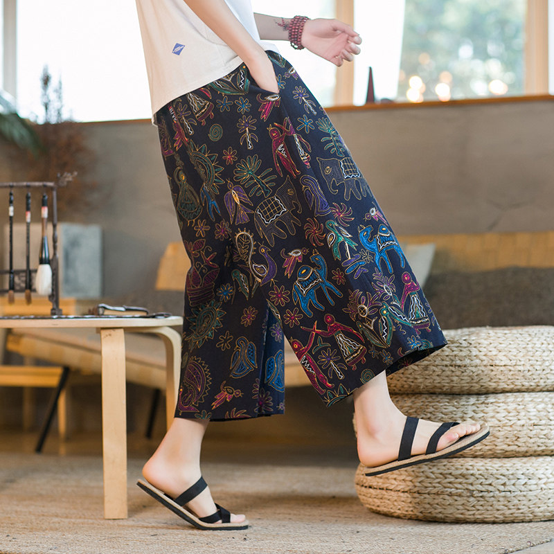 咖啡厅风复古泰大象亚麻七分裤男直筒民族风花裤子DK32-P45，男装牛仔裤，电商A005