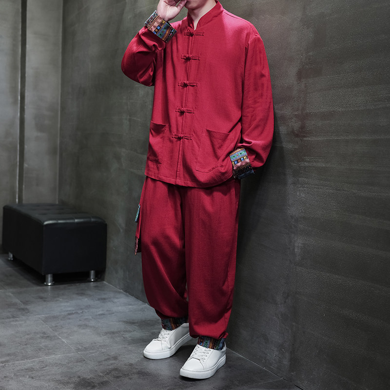 风J盘扣亚麻棉麻衬衫夹克外套大裤裆套装男TZ136-P150控178,男装夹克,电商A005