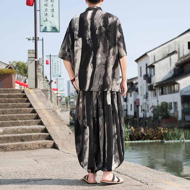 新中式风C冰丝水墨渐变条纹衬衫男阔腿裤男套装TZ65-P133控158,男装衬衫,电商A005