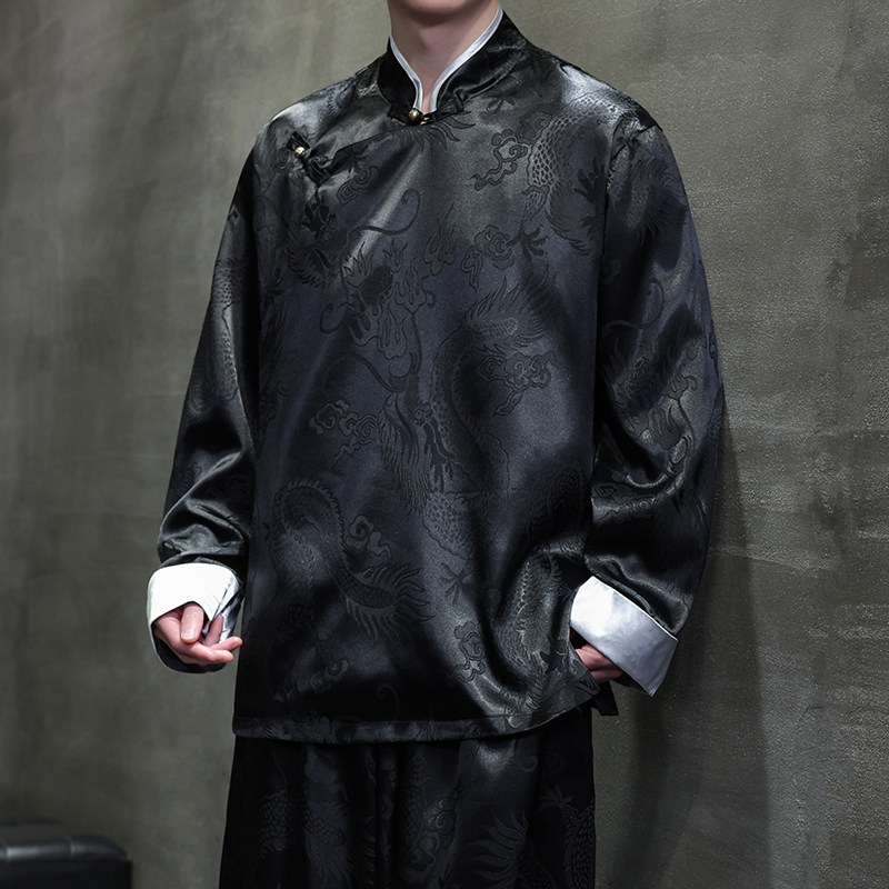 新中式风F盘扣龙纹冰丝中山装衬衫夹克外套男JK25-P65控78，男装夹克，电商A005