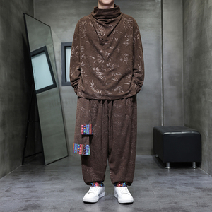 樹葉燈芯絨D堆堆領(lǐng)T恤男大褲襠舞蹈闊腿褲套裝TZ128-P133控158圖片