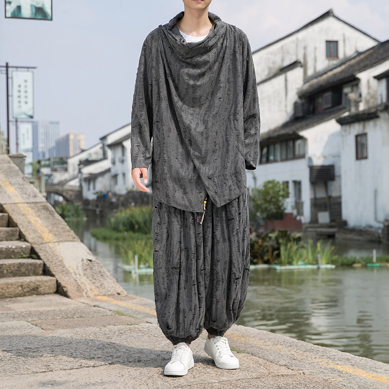 新中式O破洞不规则领堆堆领披风t恤束脚裤套装男TZ31-P143控168,男装T恤,电商A005