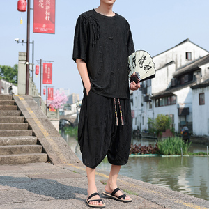 暗黑新中式A肩膀破洞冰丝镂空t恤不规则七分裤男TZ103-P123控148图片