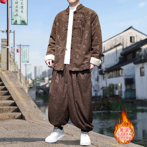 新中式L盘扣树叶暗花灯芯绒羊羔毛夹克棉衣套装男TZ52-P203控238，男装棉衣，电商A005