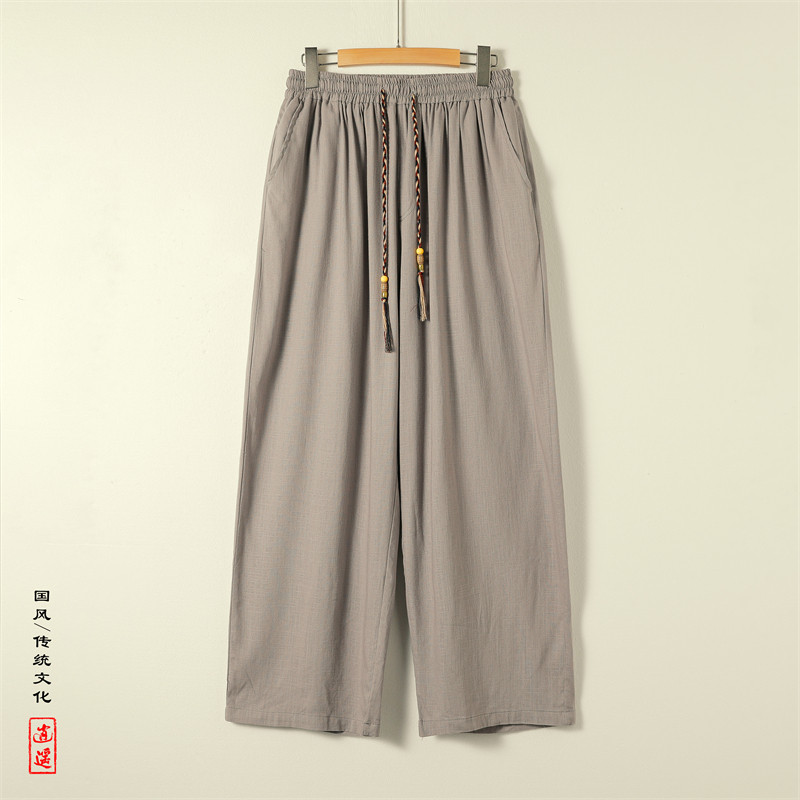 新中式Y亚麻长裤男阔腿直筒裤高腰冰丝裤棉麻休闲裤K180-P65控78,男装休闲裤,电商A005