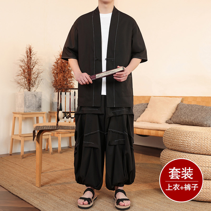 风F冰丝盘扣明线开衫外套折褶阔腿裤男套装男TZ161-P130控158,男装休闲套装,电商A005