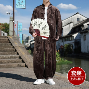 盘扣小众设计E龙纹金丝绒夹克阔腿裤风套装男TZ179-P136控158,男装休闲套装,电商A005