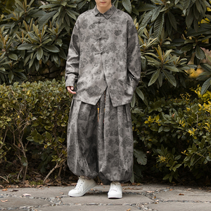 新中式H暗花灯芯绒盘扣小众衬衫束脚阔腿裤套装男TZ27-P136控158，男装T恤，电商A005