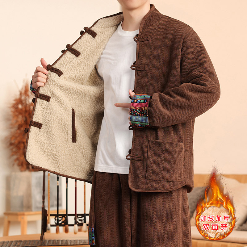 新中式C麦穗羊羔毛加绒加厚双面穿棉服夹克棉衣男JK21-P135控158图片