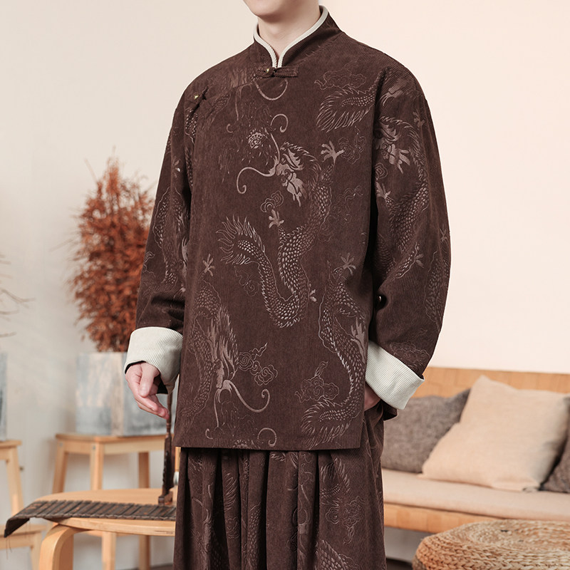 新中式O斜襟盘扣龙纹灯芯绒中山装立领夹克外套男JK20-P105控138,男装夹克,电商A005