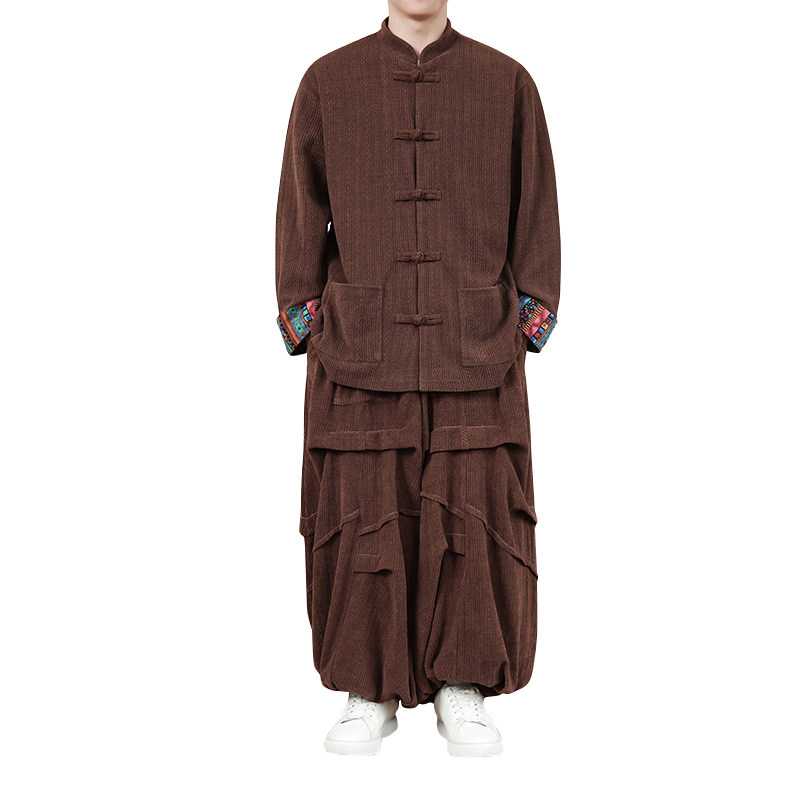 新中式U民族风盘扣麦穗纹灯芯绒外套阔腿裤套装TZ130-P150控178,男装休闲套装,电商A005