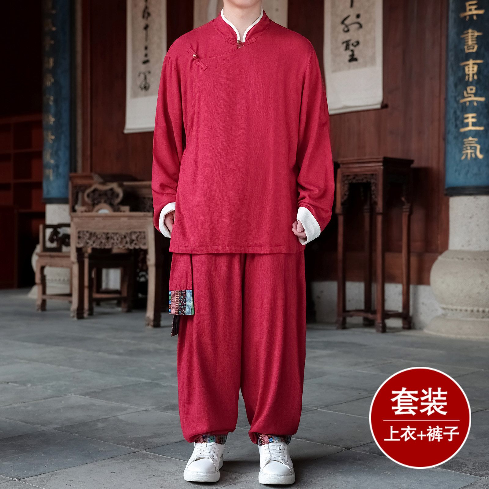 风N斜襟盘扣亚麻棉麻衬衫夹克大裤裆裤套装男TZ151-P173控198,男装夹克,电商A005