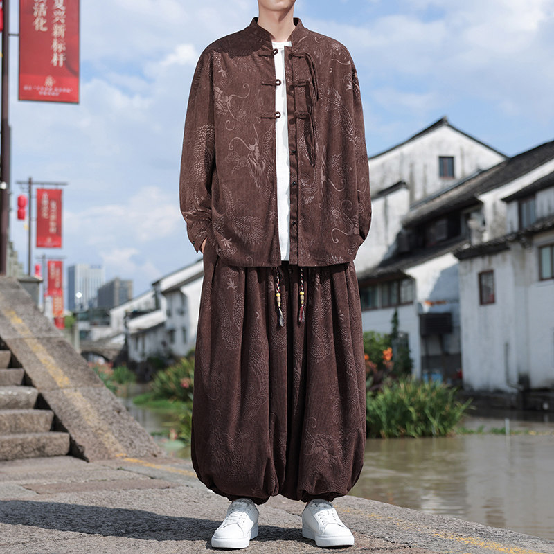 风D盘扣龙纹暗花灯芯绒衬衫夹克阔腿裤套装男TZ122-P136控158图片