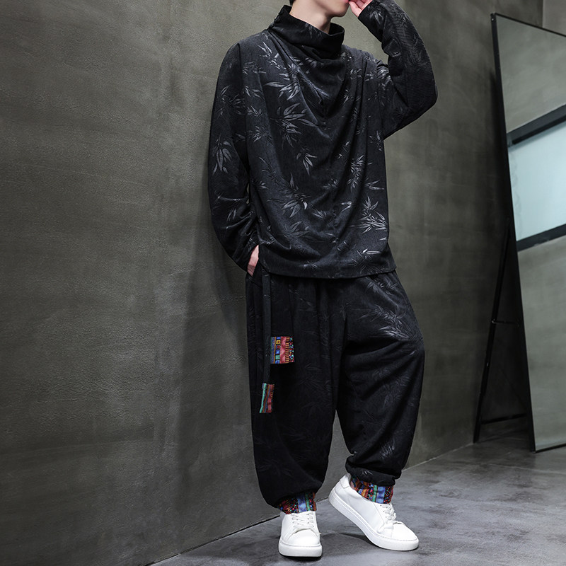 树叶灯芯绒D堆堆领T恤男大裤裆舞蹈阔腿裤套装TZ128-P133控158，男装T恤，电商A005