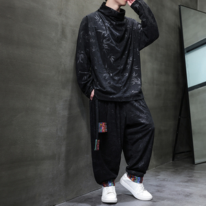 树叶灯芯绒D堆堆领T恤男大裤裆舞蹈阔腿裤套装TZ128-P133控158，男装T恤，电商A005