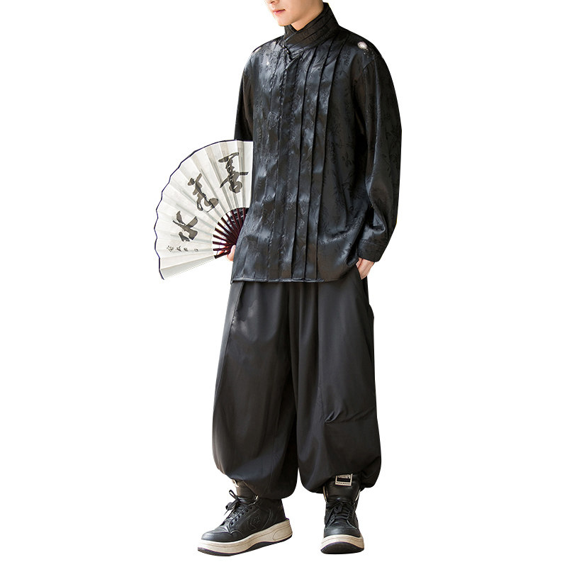 新中式A叠皱风不规则高领衬衫束脚裤套装男TZ32-P140控168,男装T恤,电商A005