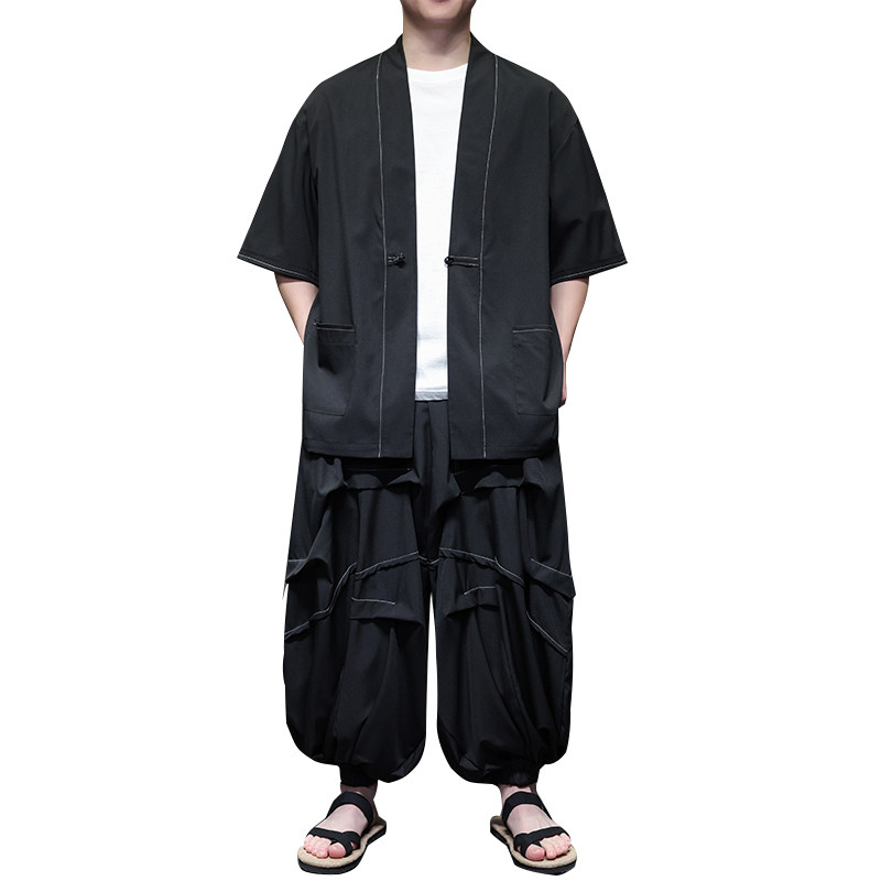 风C冰丝盘扣明线开衫外套折褶阔腿裤男套装男TZ161-P130控158,男装休闲套装,电商A005