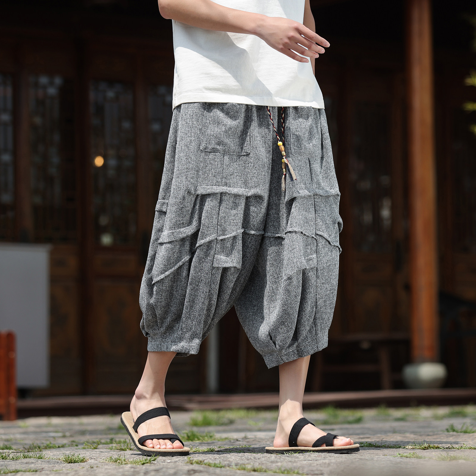 风S冰丝垂感折褶小众设计七分裤短裤阔腿裤男DK230-P60控88,男装牛仔裤,电商A005