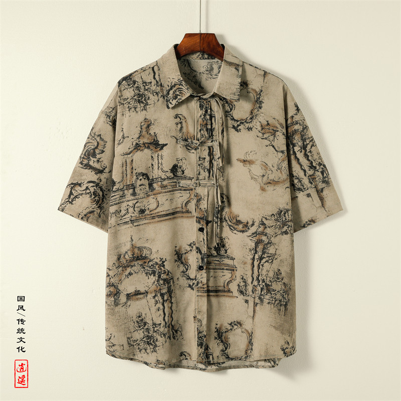 新中式A盘扣短袖衬衫男汉服唐装中山装树叶印花外套CS68-P70控98图片