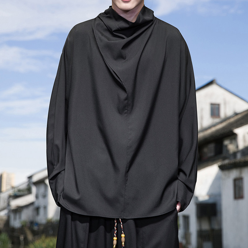 风I暗黑系新中式冰丝小众设计高堆领长袖t恤T09-P55控78，男装T恤，电商A005