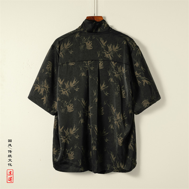 潮酷暗黑A小高领堆堆领印花树叶小众设计冰丝t恤T63-P80控108,男装T恤,电商A005