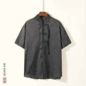 新中式A风盘扣小众树叶暗纹提花冰丝短袖衬衫男CS72-P68控88图片