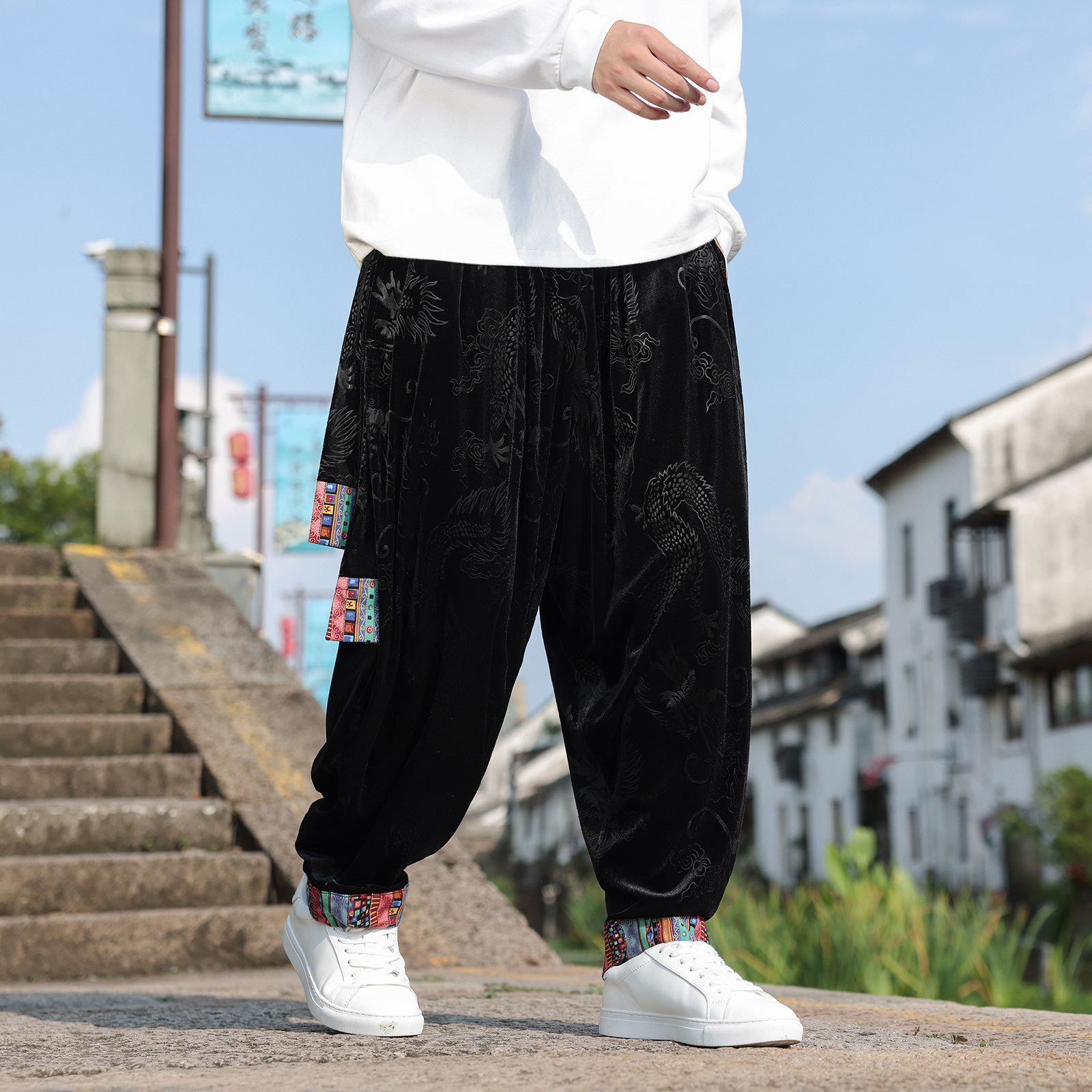 民族风L复古中式金丝绒龙纹宽松大裤裆舞蹈阔腿裤K257-P68控88,男装民族服装,电商A005