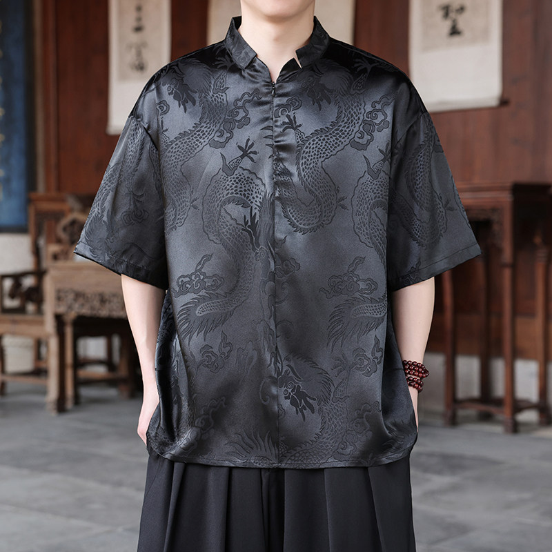 新中式E风小高领拉链领提花小众设计龙纹冰丝t恤T62-P70控98,男装T恤,电商A005