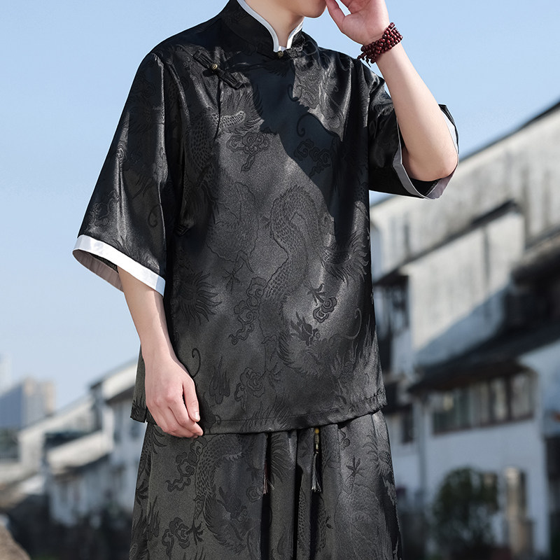 新中式C风斜襟盘扣龙纹冰丝中山装衬衫夹克外套男CS76-P65控78,男装夹克,电商A005