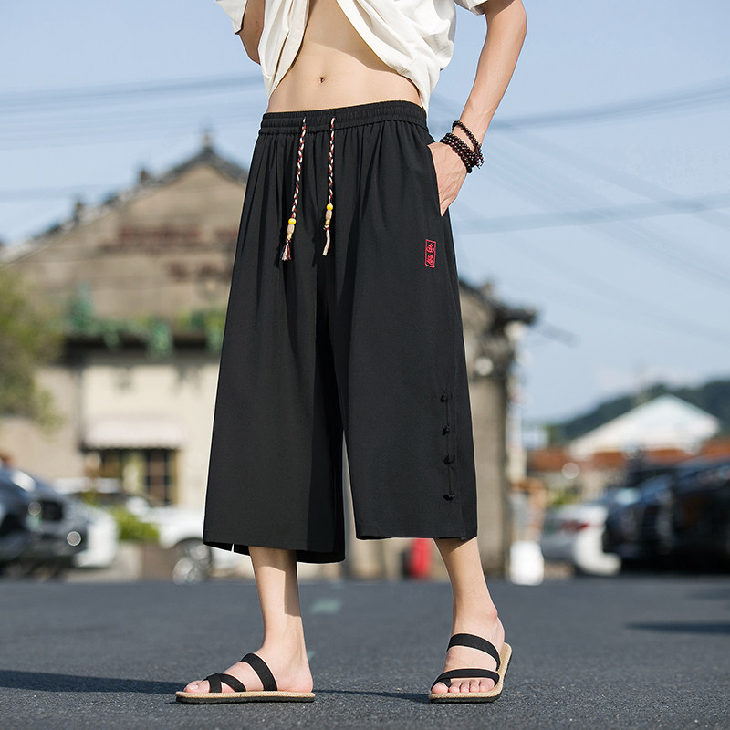 风G暗黑冰丝刺绣盘扣运动阔腿裤小众设计七分裤DK117-P55控78,男装牛仔裤,电商A005