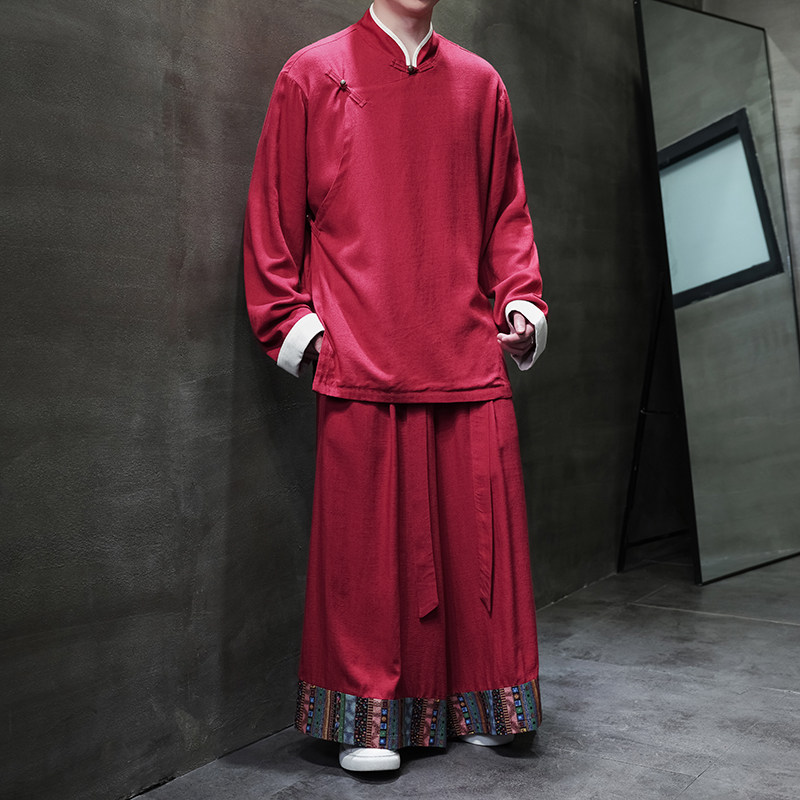 民族风H斜襟盘扣亚麻棉麻衬衫夹克阔腿裤套装TZ153-P186控208，男装夹克，电商A005