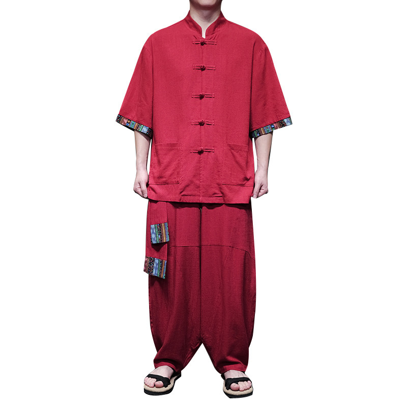 民族风I盘扣亚麻衬衫民族风棉麻阔腿裤套装男TZ163-P163控188,男装衬衫,电商A005