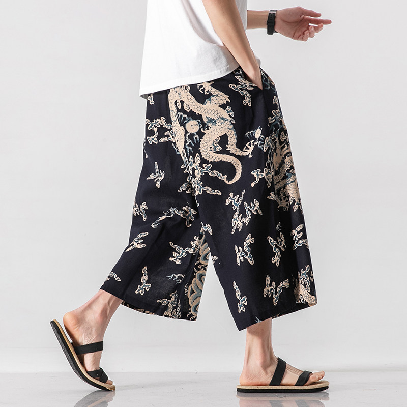 日系风龙纹亚麻七分裤男宽松萝卜裤民族风花裤子DK32-P45，男装牛仔裤，电商A005
