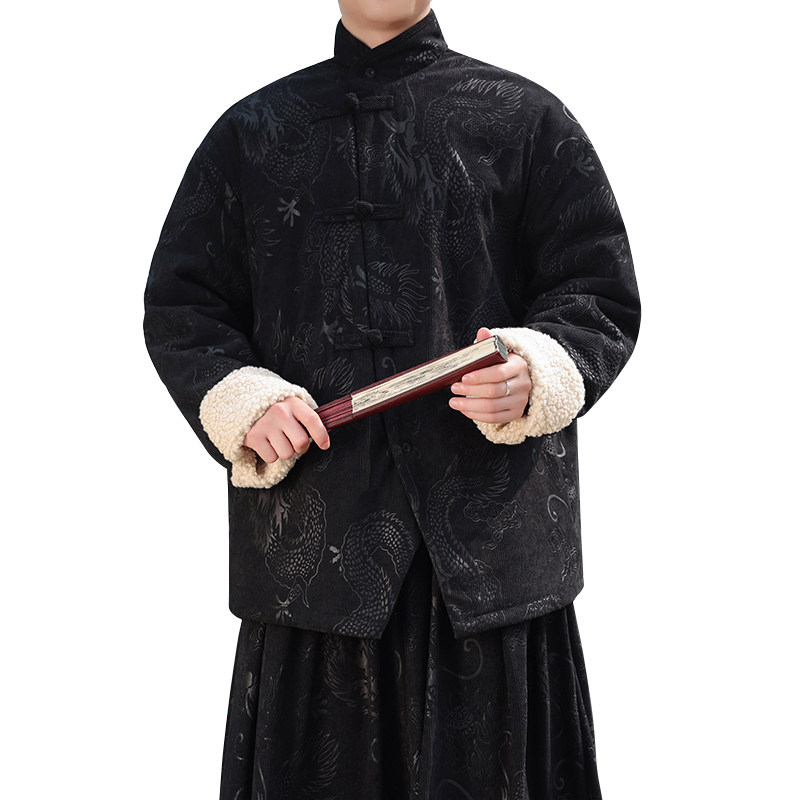 新中式U斜领盘扣龙纹暗花灯芯绒羊羔毛夹克棉衣服JK19-P135控158,男装夹克,电商A005