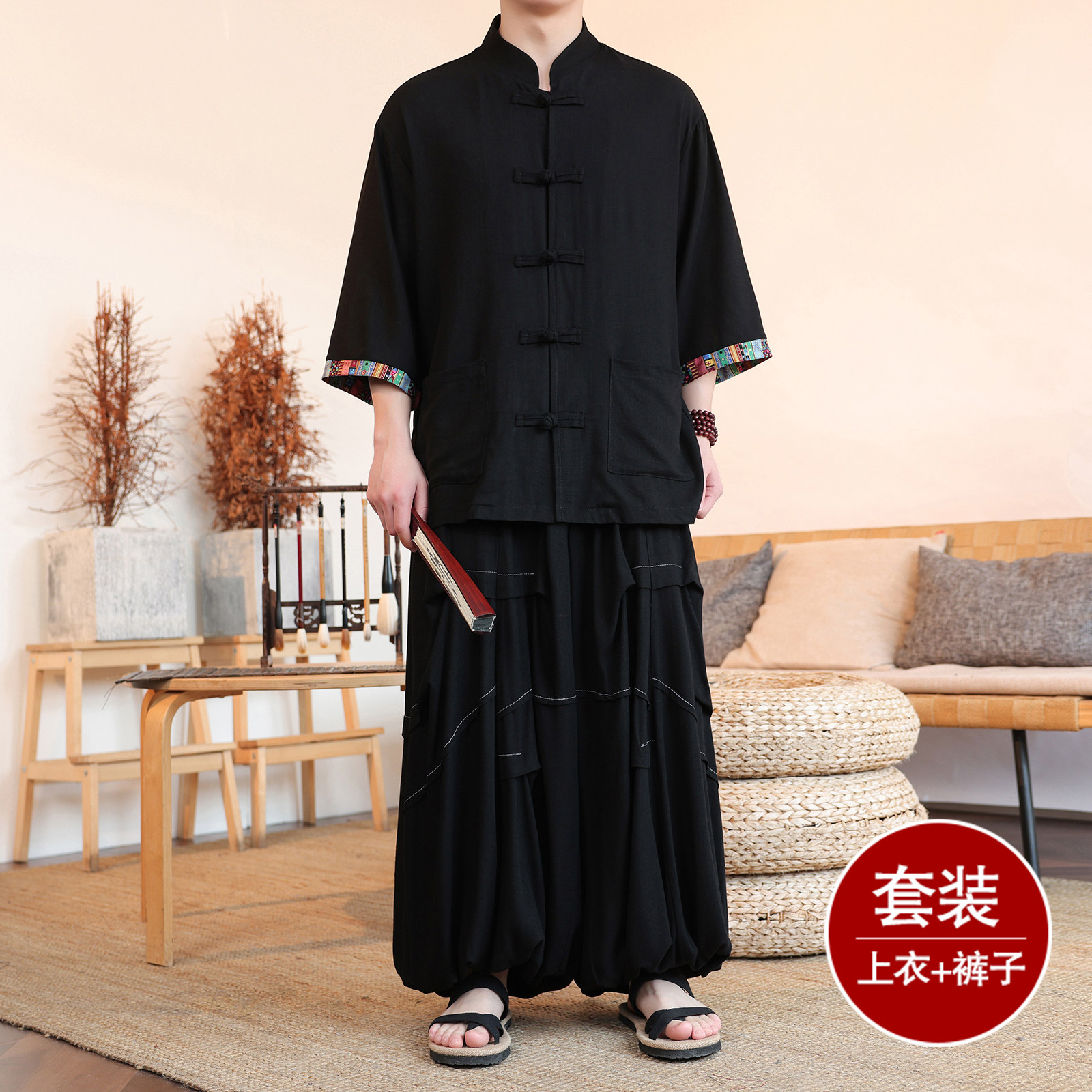 风K拼色棉麻衬衫外套折褶小众阔腿裤套装男TZ169-P153控178,男装休闲套装,电商A005