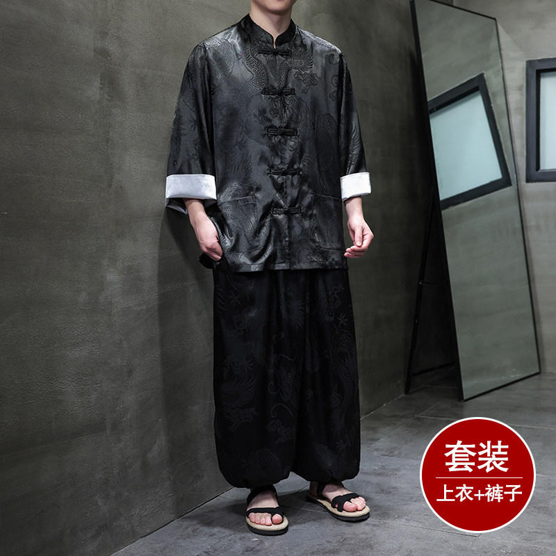 风E盘扣暗花龙纹冰丝衬衫萝卜裤套装男TZ159-P120控148,男装衬衫,电商A005