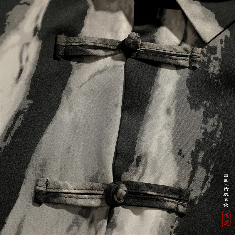 新中式风A冰丝水墨扎染渐变条纹盘扣小众衬衫t恤男CS18-P68控88,男装衬衫,电商A005