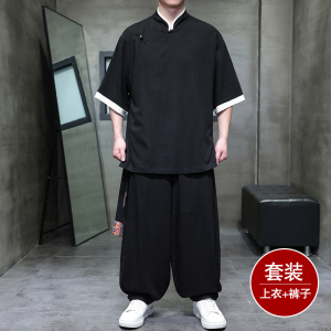 斜襟盘扣J亚麻中袖衬衫民族风演出阔腿裤套装男TZ166-P176控198图片