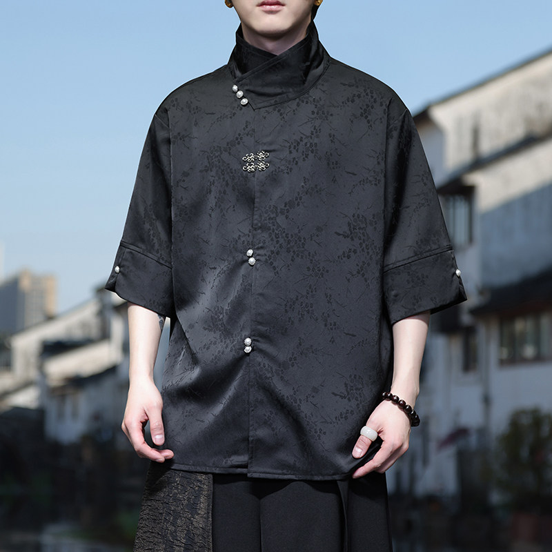 新中式风O缎面提花暗纹立领小众冰丝金属扣衬衫男CS32-P78控98,男装衬衫,电商A005