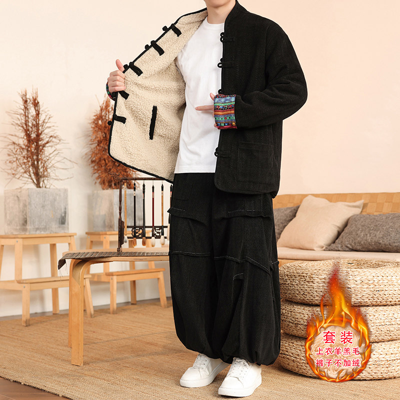 新中式E麦穗羊羔毛加绒加厚双面穿棉衣阔腿裤套装TZ135-P210控228，男装棉衣，电商A005