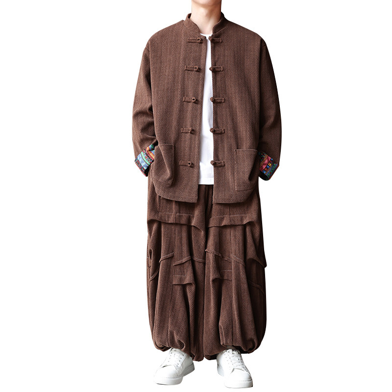 新中式W民族风盘扣麦穗纹灯芯绒外套阔腿裤套装TZ130-P150控178,男装休闲套装,电商A005