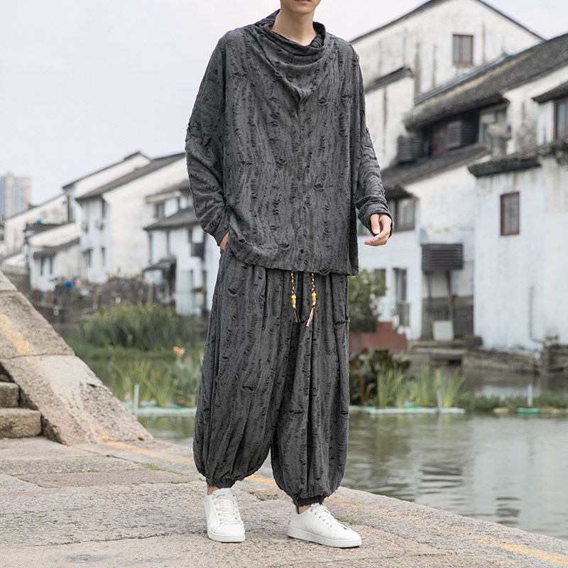 新中式J破洞不规则领堆堆领小众束脚阔腿裤套装男TZ30-P143控168,男装T恤,电商A005