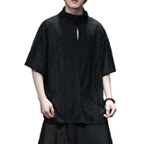 风N新中式风高领盘扣破洞镂空乞丐装冰丝t恤T35-P68控88，男装T恤，电商A005