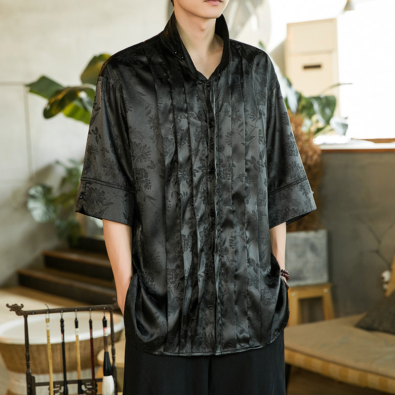 改良中式E缎面提花冰丝复古短袖珍珠扣立领小众衬衫男CS03P70控88图片